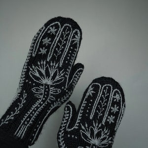 Black Mittens With Flowers, Botanical Embroidery, Knitted Embroidered Mittens Folk Art Embroidery, Accessories, Gloves & Mittens, For Her