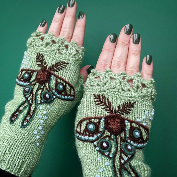 Mint Green Gloves With Embroidered Moon Moth, Knitted Fingerless Gloves With Butterfly, Embroidered Mittens, Gift For Her