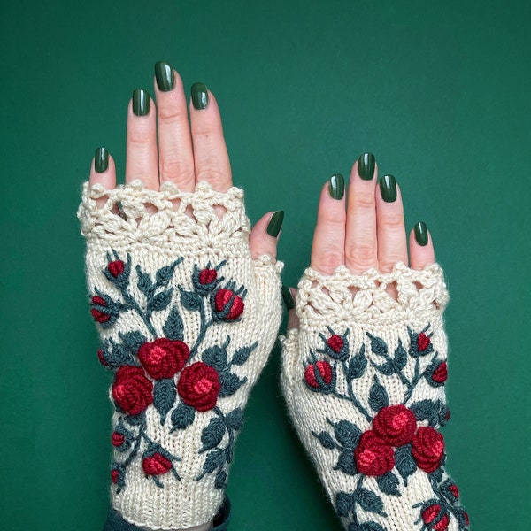 Ivory Gloves With Red Roses, Knitted Fingerless Gloves, Gloves & Mittens, Mitts,  Gift Ideas, For Her, Winter Accessories, Ivory, Roses