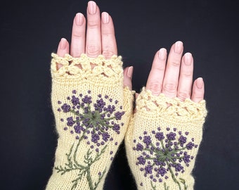 Guantes bordados de color amarillo claro con flores, guantes sin dedos de punto, flor, guantes y manoplas, ideas de regalos, para ella, accesorios de invierno