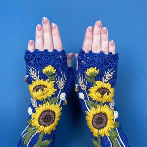 Blue And Yellow Fingerless Gloves With Sunflowers, Embroidered Sunflower With Bees And Rye, Blue Yellow Mittens, Hand Knitted Gloves