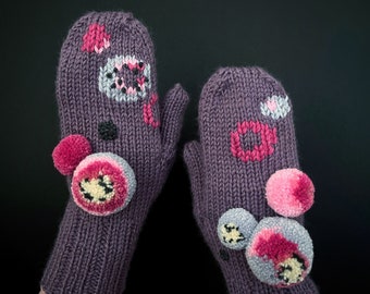 Mitaines pompon, mitaines tricotées à la main, mitaines lavande pompon, pour femmes, accessoires, gants et mitaines, accessoires faits à la main, cadeau pour elle