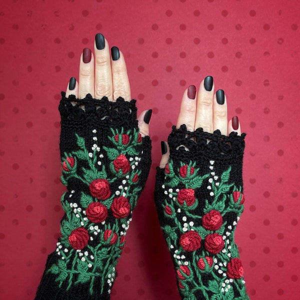 Black Gloves With Red Roses, Knitted Fingerless Gloves, Embroidery, Red Roses, Long Mittens, Accessories, Gloves & Mittens, M Size, For Her
