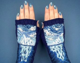 Embroidered Iceberg Gloves, Icebergs, Dark Blue Fingerless Gloves, Hand Knitted, Blue, Gloves & Mittens, Gift Ideas, OOAK Mitts