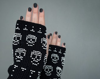 LARGE Size Cotton Gloves With Skulls, Fingerless Gloves Glass Beads Knitted Inside, Black And White, Gloves & Mittens, Arm Warmers