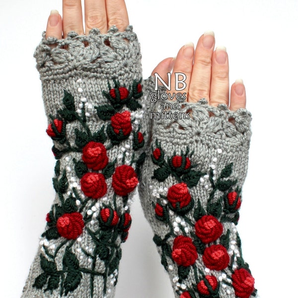 Gray Gloves With Red Roses, Knitted Fingerless Gloves, Roses, Grey, Red, White Small Dots, Long,Accessories,Gloves & Mittens