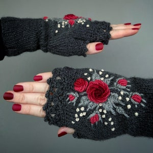 Red Roses Gloves, Knitted Fingerless Gloves, Dark Grey And Red, Embroidered Red Roses, Gloves & Mittens, Gift Ideas, For Her, Accessories