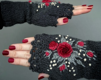 Red Roses Gloves, Knitted Fingerless Gloves, Dark Grey And Red, Embroidered Red Roses, Gloves & Mittens, Gift Ideas, For Her, Accessories