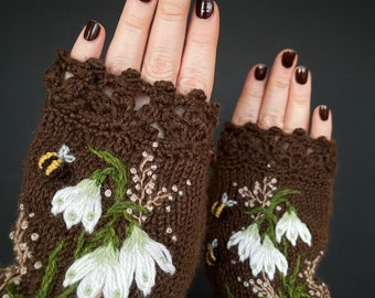 Fingerless Gloves With Snowdrops, Brown and Green Fingerless Mitts, Embroidered Gloves, Gloves & Mittens, Gift For Easter, Gift For Her