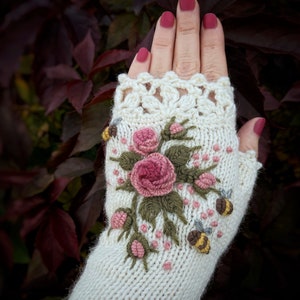 Ivory Knitted Fingerless Gloves With Roses, Rose, Pastel Pink, Bees, Clothing And Accessories, Gloves & Mittens, Gift Ideas, For Her