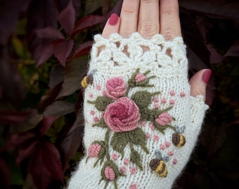 Ivory Knitted Fingerless Gloves With Roses, Rose, Pastel Pink, Bees, Clothing And Accessories, Gloves & Mittens, Gift Ideas, For Her