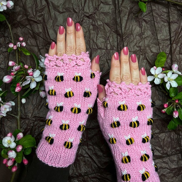 Pink Gloves With Bees,  Hand Embroidered And Knitted Fingerless Gloves With Bees, Gift For Woman, Gift Ideas, For Her,  Embroidery, Spring