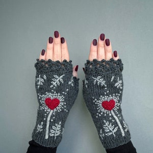 Valentine's Day Gloves With Heart, Knitted Fingerless Gloves, Gloves With Heart, Embroidered Mittens, Grey And Red, Gifts For Women, Gray image 4