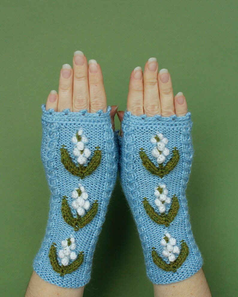 Lily Of The Valley on Light Blue Gloves, Blue Gloves With White Flowers, Forest Wild Flowers, Knitted Fingerless Gloves, Gloves & Mittens 