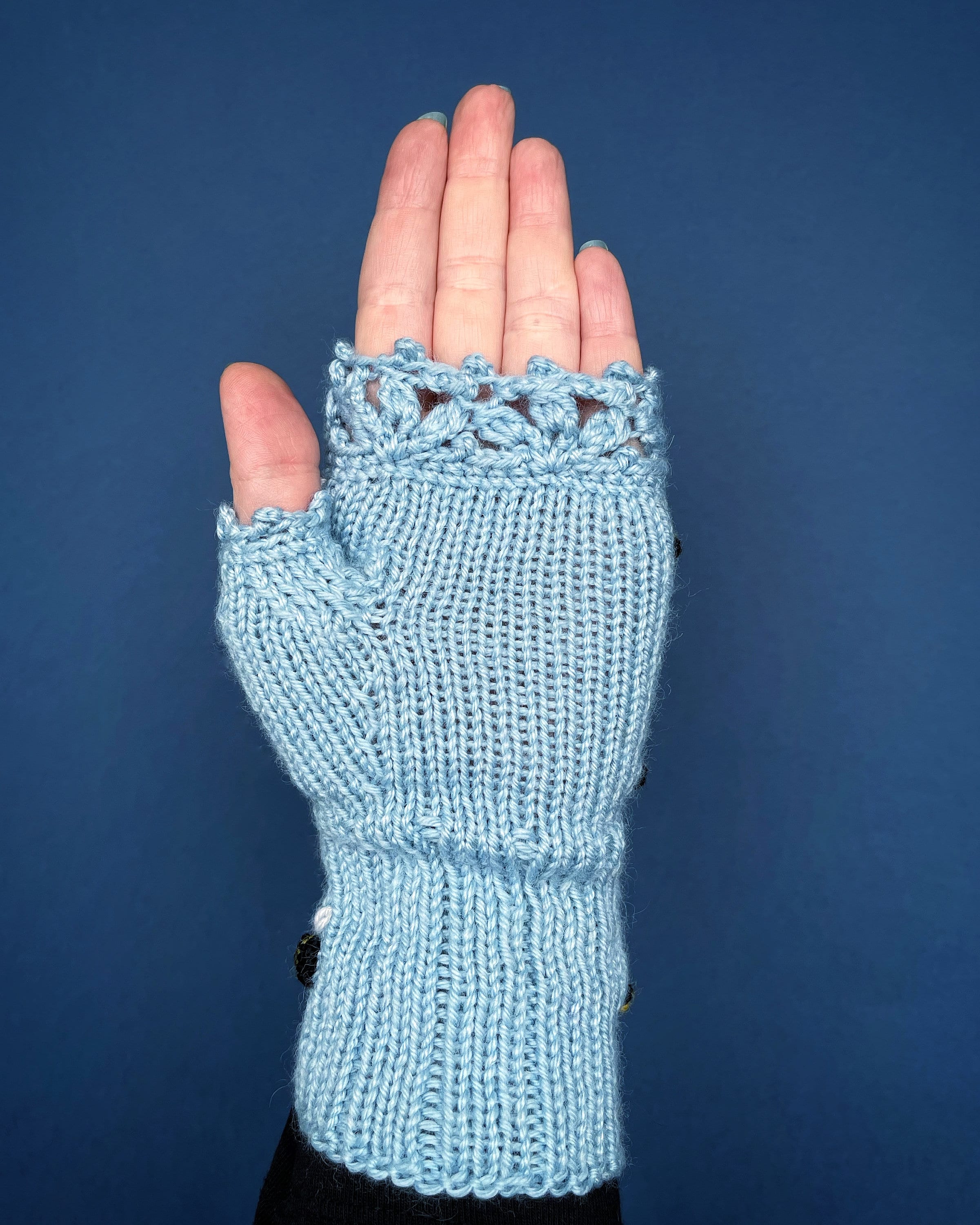S/M Size Light Blue Hand Knitted Fingerless Gloves With Bees