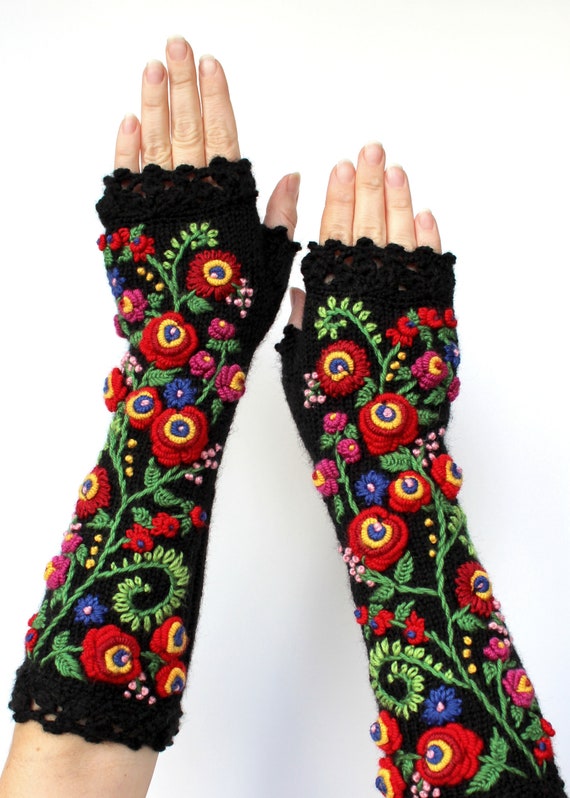 Balck Long Gloves With Embroidery, Knitted Fingerless Gloves, 31 cm Long, Accessories, Gloves & Mittens, Black, Yellow, Red, Green, Purple