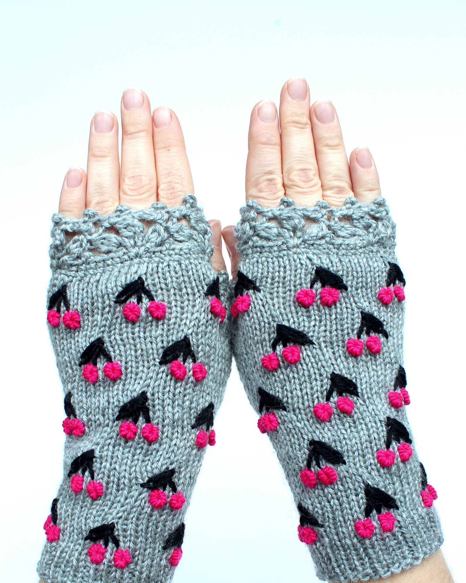 Gray Gloves With Hot Pink Cherries Knitted Fingerless Gloves - Etsy