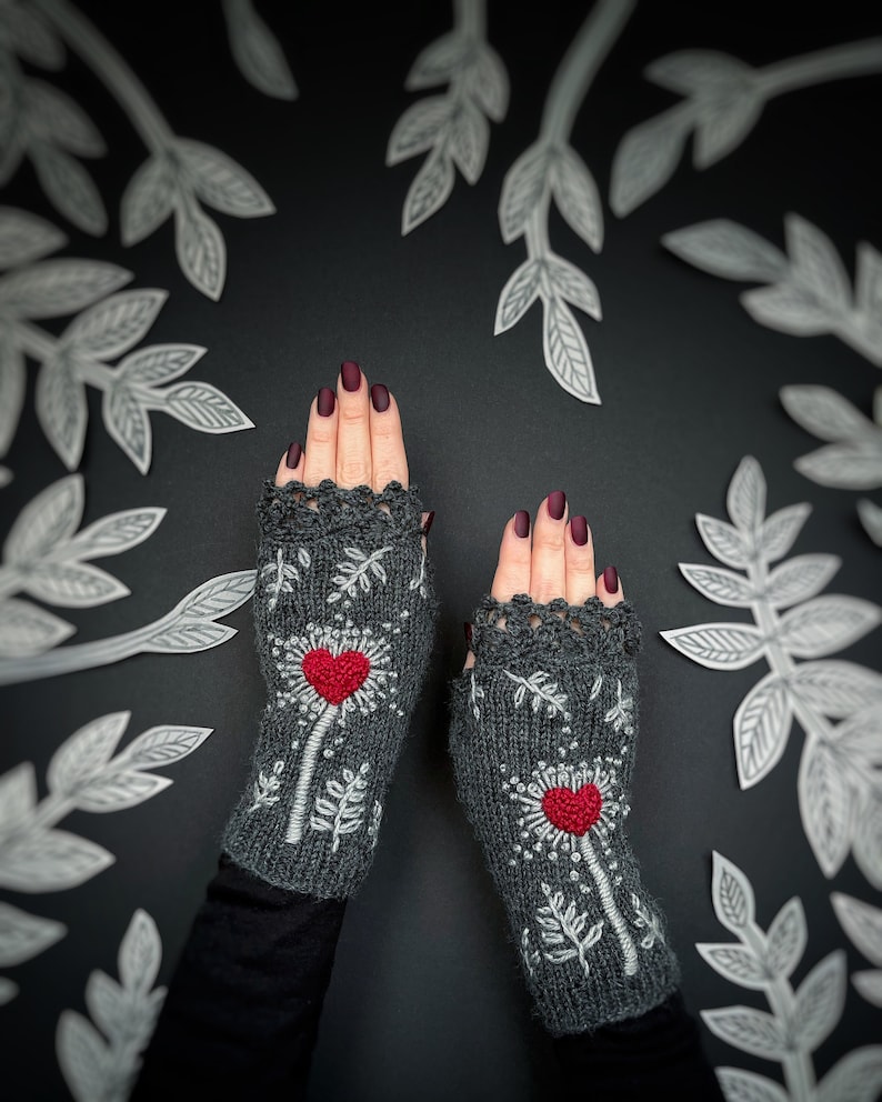 Valentine's Day Gloves With Heart Knitted Fingerless image 1