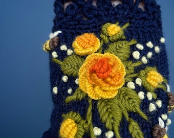 Navy Blue Gloves With Yellow Roses And Bees, Fingerless Gloves, Dark Blue, Roses, Yellow, Bees, Clothing And Accessories, Gloves & Mittens