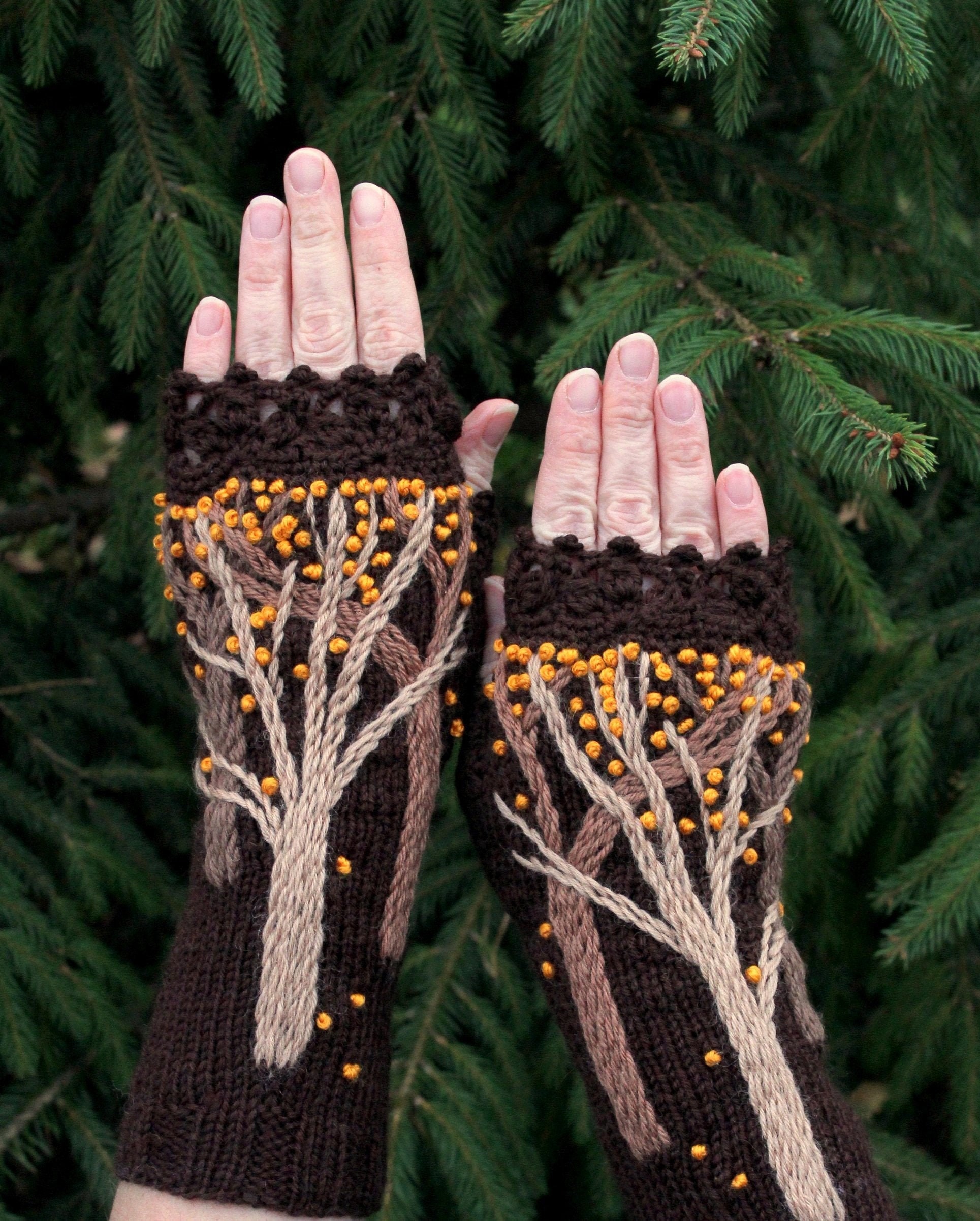 LARGE Size Brown Gloves With Trees Fingerless Gloves Etsy