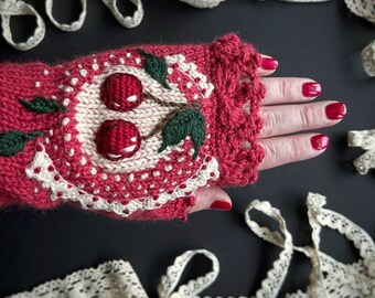 Red Gloves With Cherries And Ivory Lace, Knitted Fingerless Gloves, Embroidered Red Mittens, Accessories, Gloves & Mittens, Gift For Her