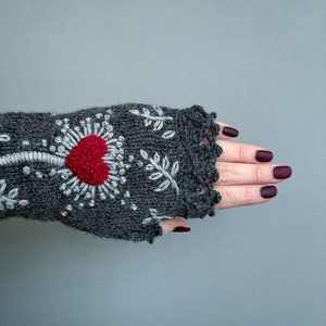 Valentine's Day Gloves With Heart, Knitted Fingerless Gloves, Gloves With Heart, Embroidered Mittens, Grey And Red, Gifts For Women, Gray image 5