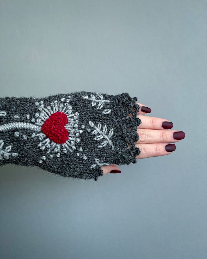 Valentine's Day Gloves With Heart, Knitted Fingerless Gloves, Gloves With Heart, Embroidered Mittens, Grey And Red, Gifts For Women, Gray image 5