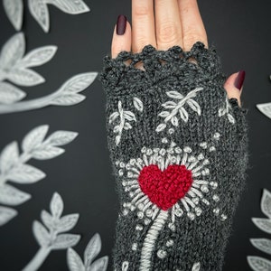 Valentine's Day Gloves With Heart, Knitted Fingerless Gloves, Gloves With Heart, Embroidered Mittens, Grey And Red, Gifts For Women, Gray image 3