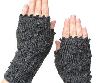 Dark Gray Gloves With Knitted Pattern, Hand Knitted Fingerless Gloves, Gloves & Mittens, Gift Ideas, Accessories, Dark Gray Mittens, Mitts