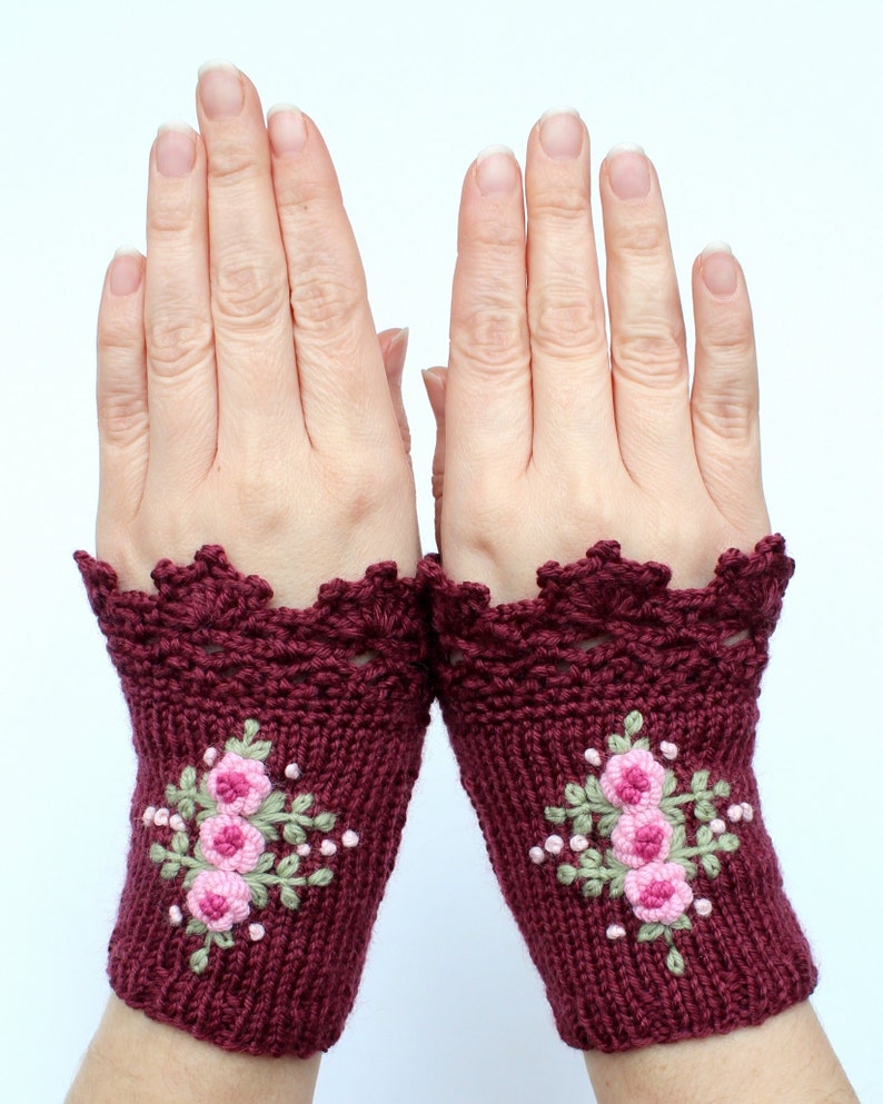 Wrist Warmers With Pink Roses Embroidered Roses Knitted Etsy