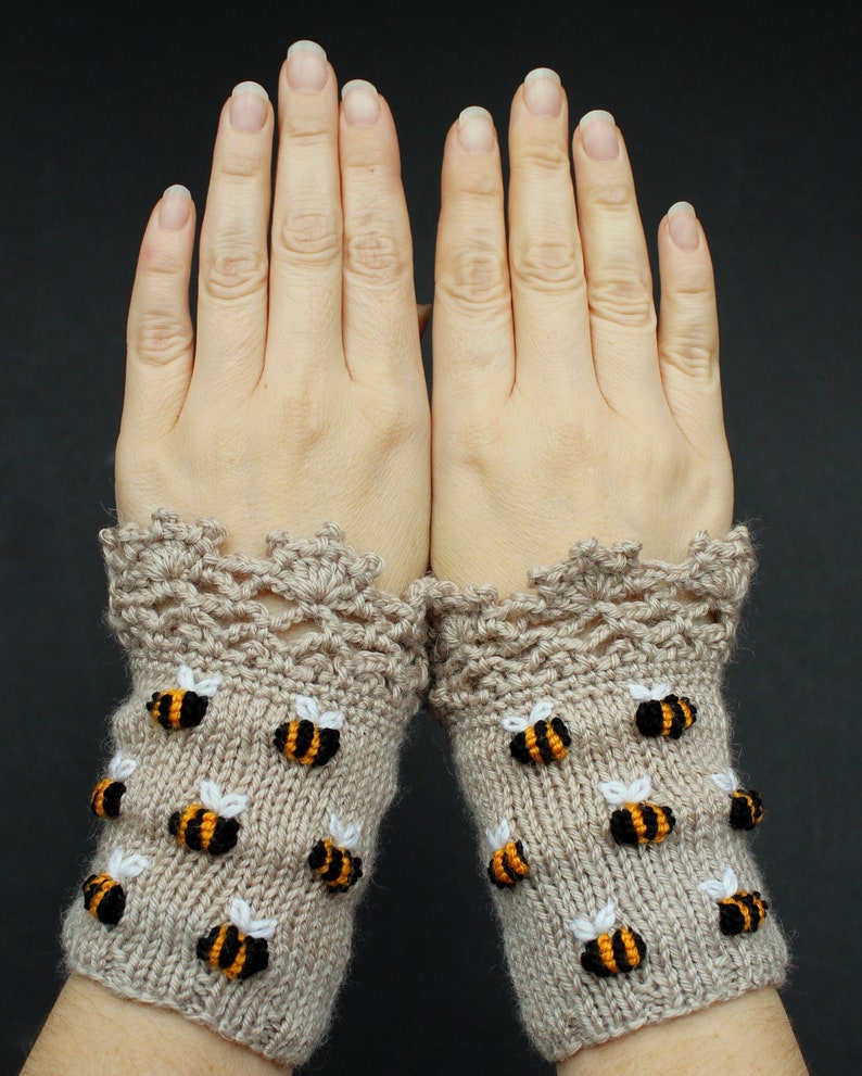 Beige Arm Warmers With Bees Hand Knitted Fingerless Gloves image 0