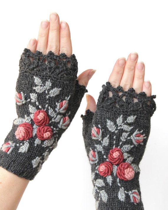 Items similar to Knitted Fingerless Gloves, Roses, Grey, Clothing And ...