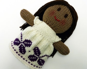 Hand Knit African American Doll: Fair Isle Dress, Soft Toy