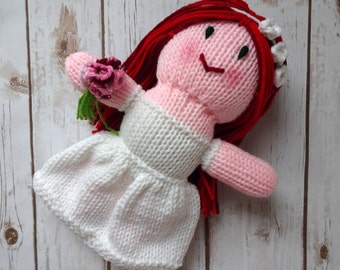 Bride Doll with Red Hair, Redhead, Hand Knit Dolly, Soft Plush Toy, Flower Girl Gift