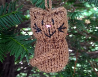 Handmade Knit Cat Christmas Ornament: Rustic Brown Kitty Decoration