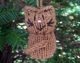 Cute Brown Cat Christmas Ornament, Handmade Knit Ornament, Hanging Decoration, Gift for Teacher, Rustic Christmas