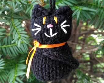 Handmade Knit Black Cat Ornament, Hanging Decoration for Halloween or Christmas
