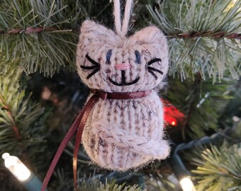 Handmade Knitted Calico Cat Christmas Ornament: Rustic Holiday Decor