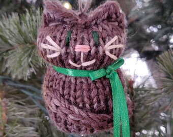 Brown Striped Tabby Cat Ornament, Tortoise Shell, Handmade Knit, Hanging Decoration, Christmas Tree Trim, Rustic Decor