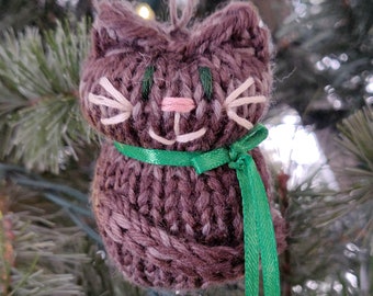 Handmade Knit Tabby Cat Christmas Ornament: Rustic Tree Decoration