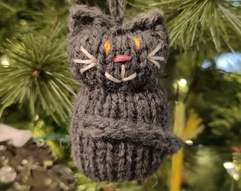 Handmade Knit Cat Ornament: Dark Gray Rustic Christmas Tree Trim