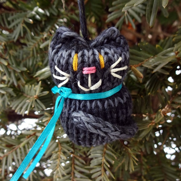 Black and Gray Tabby Cat Ornament, Handmade Knit, Hanging Decoration, Christmas Tree Trim, Rustic Decor, Made in Maine
