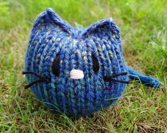Hand Knit Stuffed Cat: Blue Chunky Plushie Nursery Decor