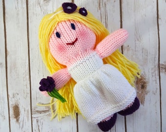 Blonde Bride Doll with Dark Blue Eyes, Purple Shoes and Flowers, Handmade Knit Dolly, Soft Plush Toy, Flower Girl Gift
