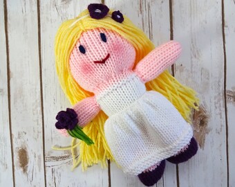 Handmade Knit Bride Doll: Blonde Hair, Purple Flowers, Plush Toy