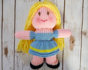 Handmade Knit Dolly: Blonde Hair, Blue & Yellow Dress