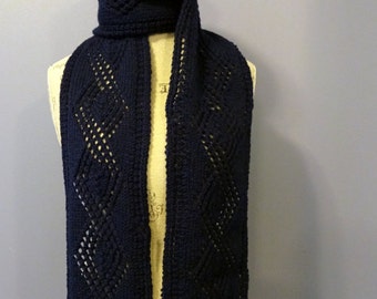 Hand Knit Wool Alpaca Scarf: Navy Blue Diamond Pattern