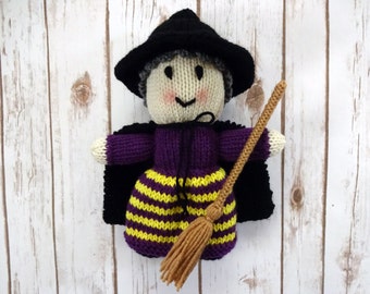 Hand Knit Witch Doll: Halloween Stuffed Toy with Broomstick