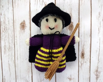 Witch Doll with Purple and Yellow Striped Dress and Broomstick, Hand Knit Children's Stuffed Toy, Halloween Decoration, Black Hat and Cape