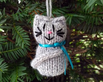 Handmade Knit Cat Ornament: Light Gray Rustic Christmas Tree Trim